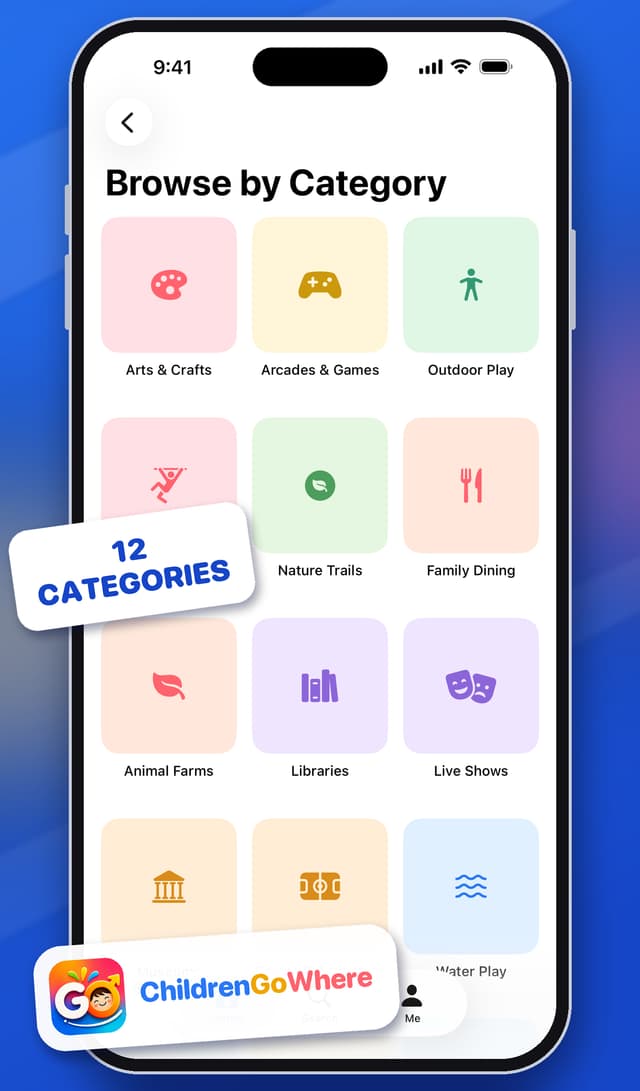 Browse by Category screen showing twelve family activity categories including Arts & Crafts, Arcades & Games, Outdoor Play and Water Play