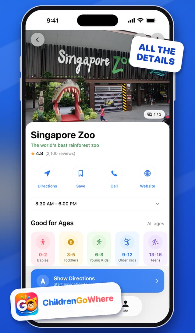 Singapore Zoo place page with opening hours, a Good for Ages guide and Directions, Save, Call and Website buttons