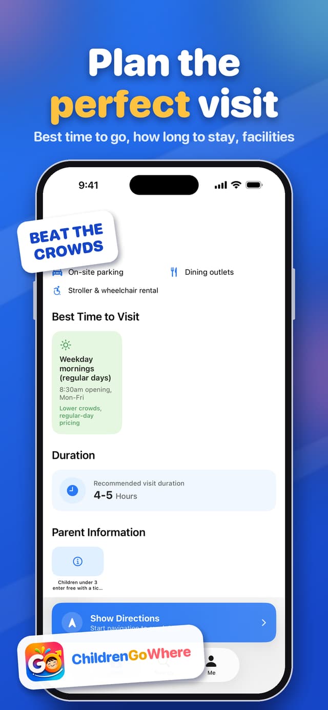 App Store screenshot: Plan the perfect visit, showing best time to visit and visit duration