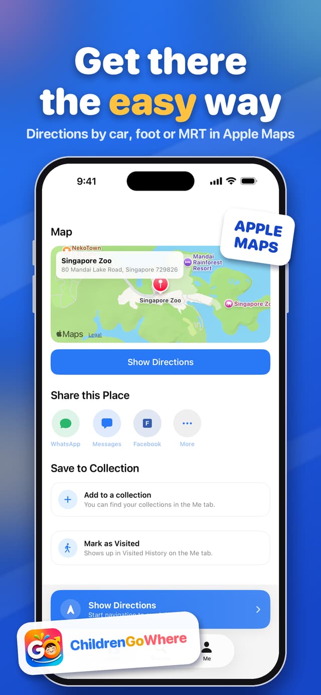 App Store screenshot: Get there the easy way, showing Apple Maps directions and sharing