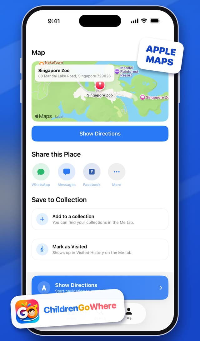 Place map in Apple Maps with a Show Directions button and options to share, save to a collection and mark as visited